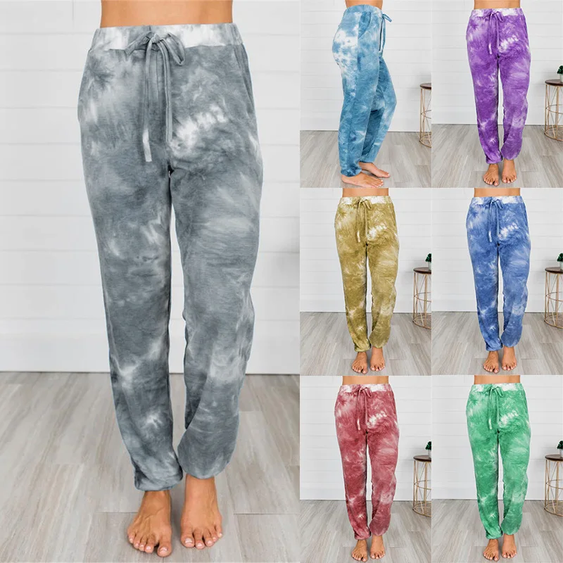 

2021 Autumn Winter New Women's Pants Tie-dye Printing Stitching Pockets Small Feet Lantern Girls Casual Pants Polyester Bloomers