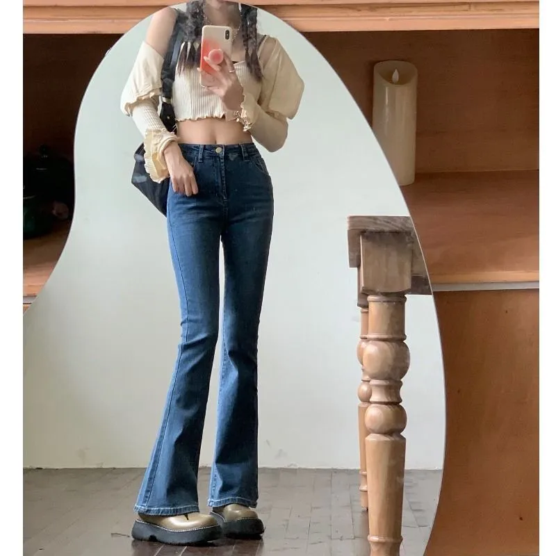 Korean Style Vintage High Waist Flare Jeans Streetwear Casual Slim Long Denim Pants Ladies Chic Boot Cut Jeans Denim Trousers