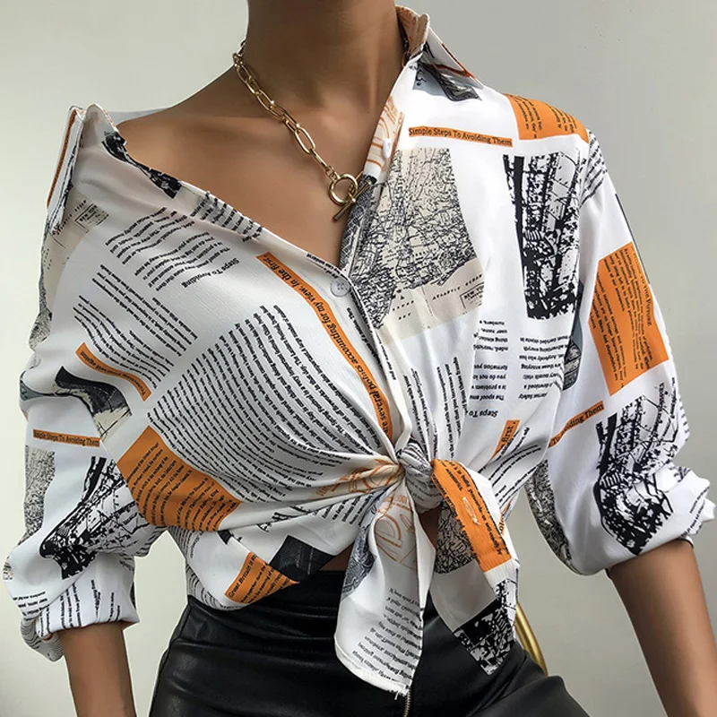 2021 Spring Women Turn Down Collar Newspaper Print Long Lantern Sleeve Button White Retro Casual Shirt Formal Office Wear Blouse