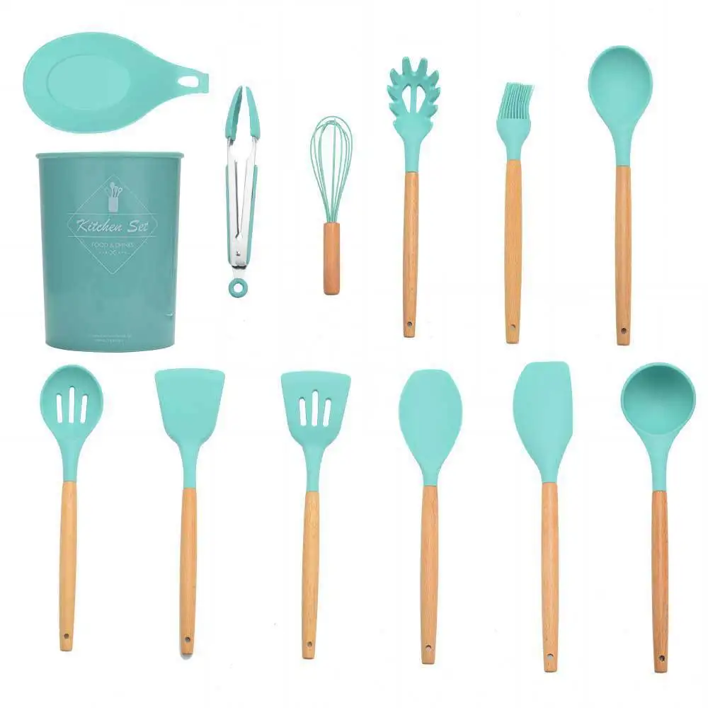 

BLUE Cooking Kitchenware Tool Set Silicone Utensils With Wooden Multifunction Handle Non-Stick Spatula Ladle Egg Beaters Shovel