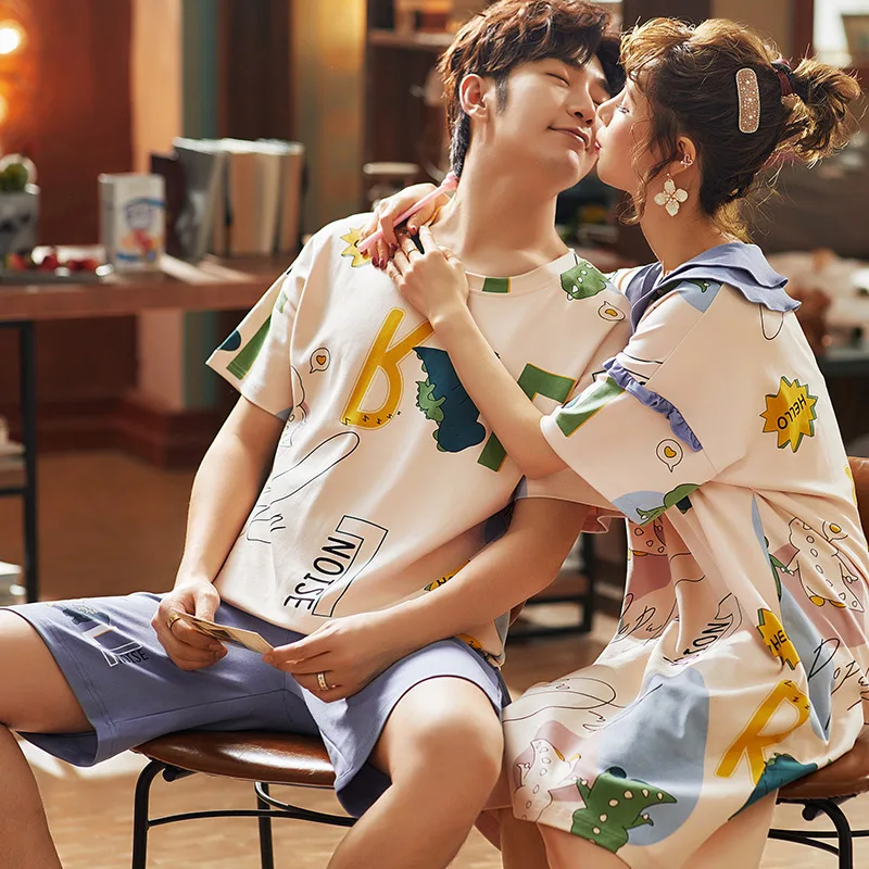 Новые летние пижамы для пар 100% хлопок милые повседневные мужские с круглым