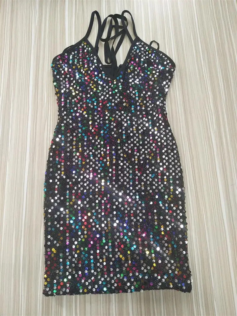 Женское летнее платье с блестками новинка 2020 сексуальное женское v-образным
