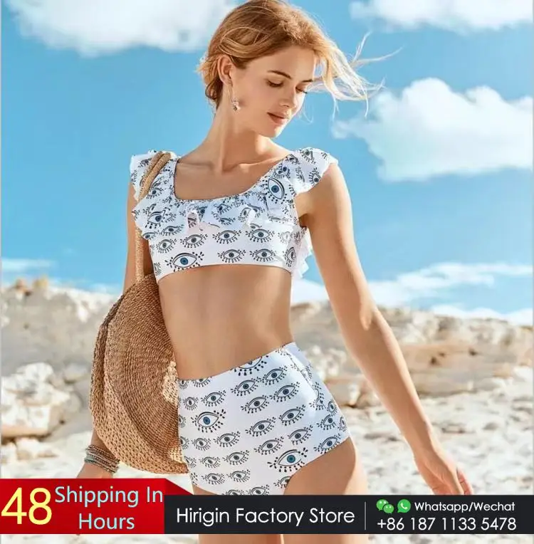 

2019 Ruffles High Wasit Bikini Set Women Swimwear New Kawaii Big Eyes Printed Push Up Padded Biquini Swimsuit Women Bathing Suit
