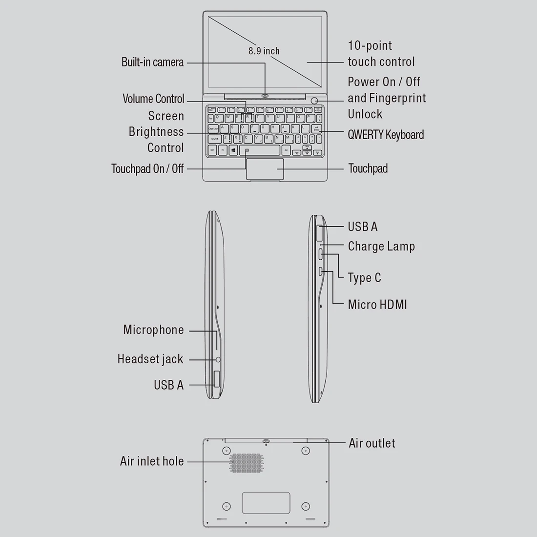 Портативный мини-ультрабук GPD P2 MAX 8 9 дюйма Windows 10 портативный ноутбук с вилкой