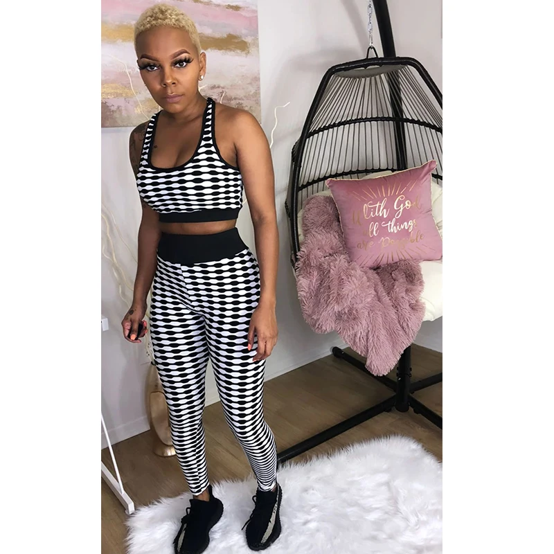

Women Tracksuit Fitness Two Piece Set Sleeveless Print Crop Top And Pencil Pant Sweat Suits Casual High Elastic Suits