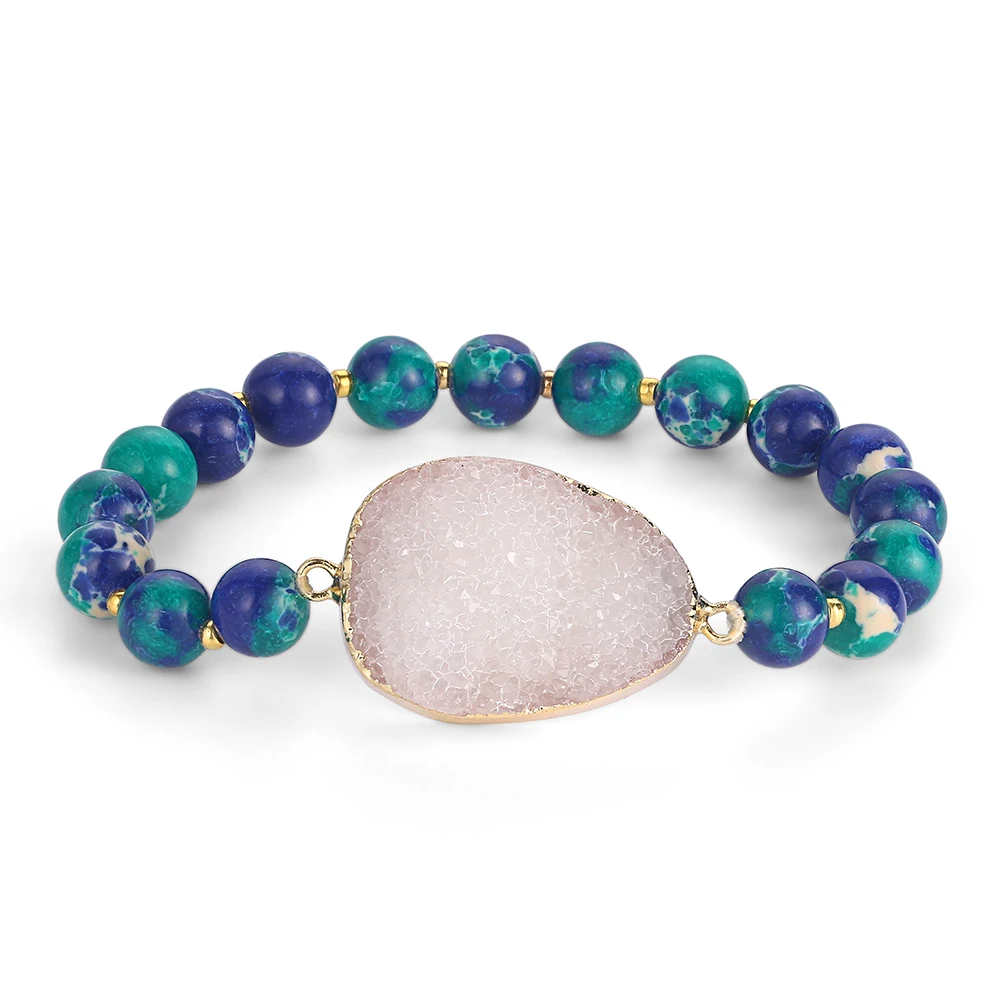 White Druzy Браслеты ShinyGem Yoga с натуральным камнем 8 мм синий зеленый морской осадочный Jaspers браслеты из бисера золотые браслеты ручной работы для женщин - Окраска металла: White Druzy