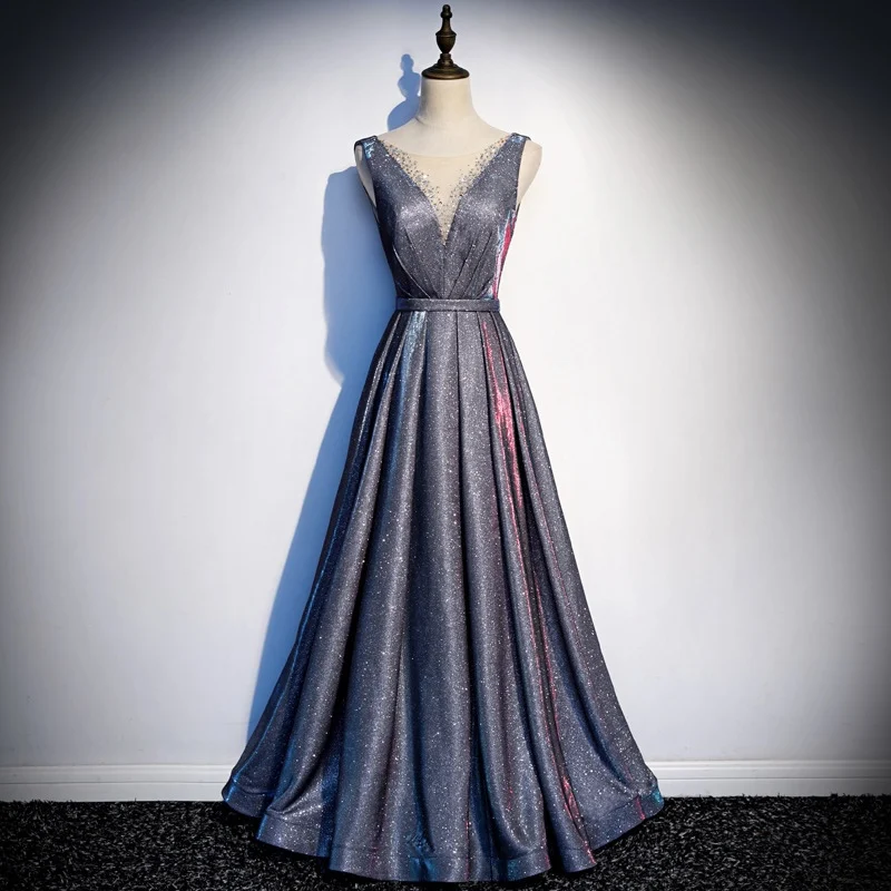 

Sexy Blue Sequined Evening Dresses O-Neck A-line Sleeveless Sparkling Elegant Formal Party Ceremony Banquet Guest Prom Gowns New