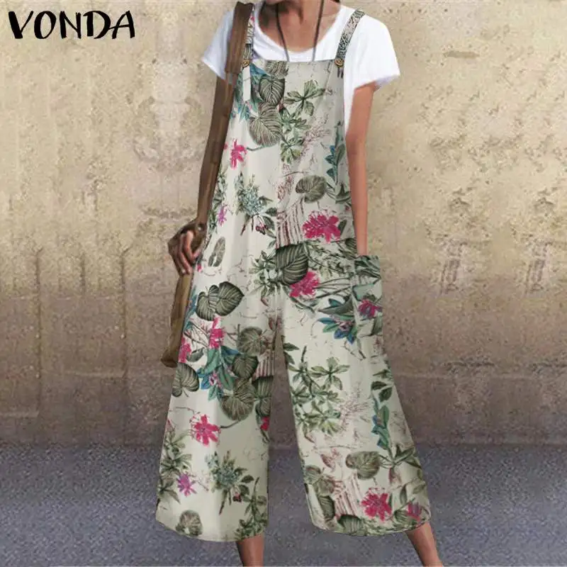 VONDA Summer Loose Rompers Women Jumpsuits 2021 Sexy Sleeveless Vintage Printed Tank Playsuits OL Office Overalls Pantalones |