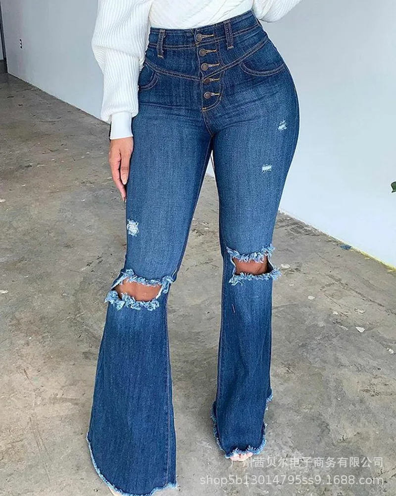 

Women's ripped jeans, new fashion casual flared jeans trousers, women's ripped button flared jeans