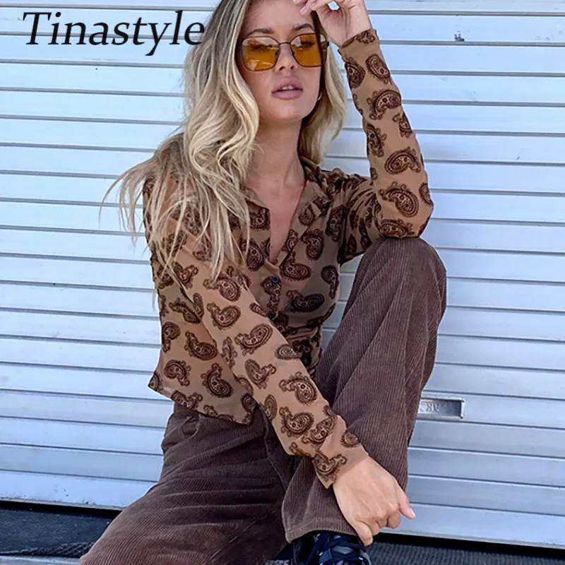 

Tinastyle Fashion See Through Sexy T-shirt Women Long Sleeve Slim Short Party Club y2k Shirt Casual Buttons Tshirt Streetwear