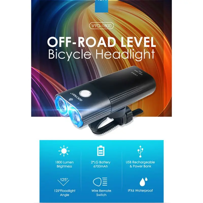 

Bike Head Lights Waterproof USB Charging 1800lm Cycling Night Ride Front Lamp