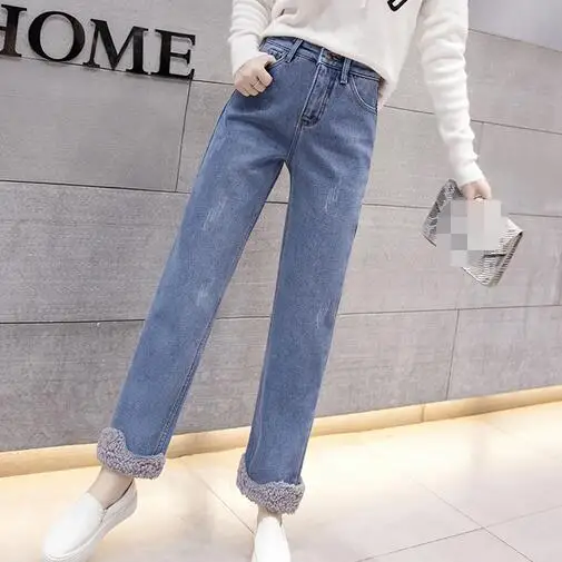 Плюс бархатные толстые женские джинсы теплые брюки с высокой талией ковбойские