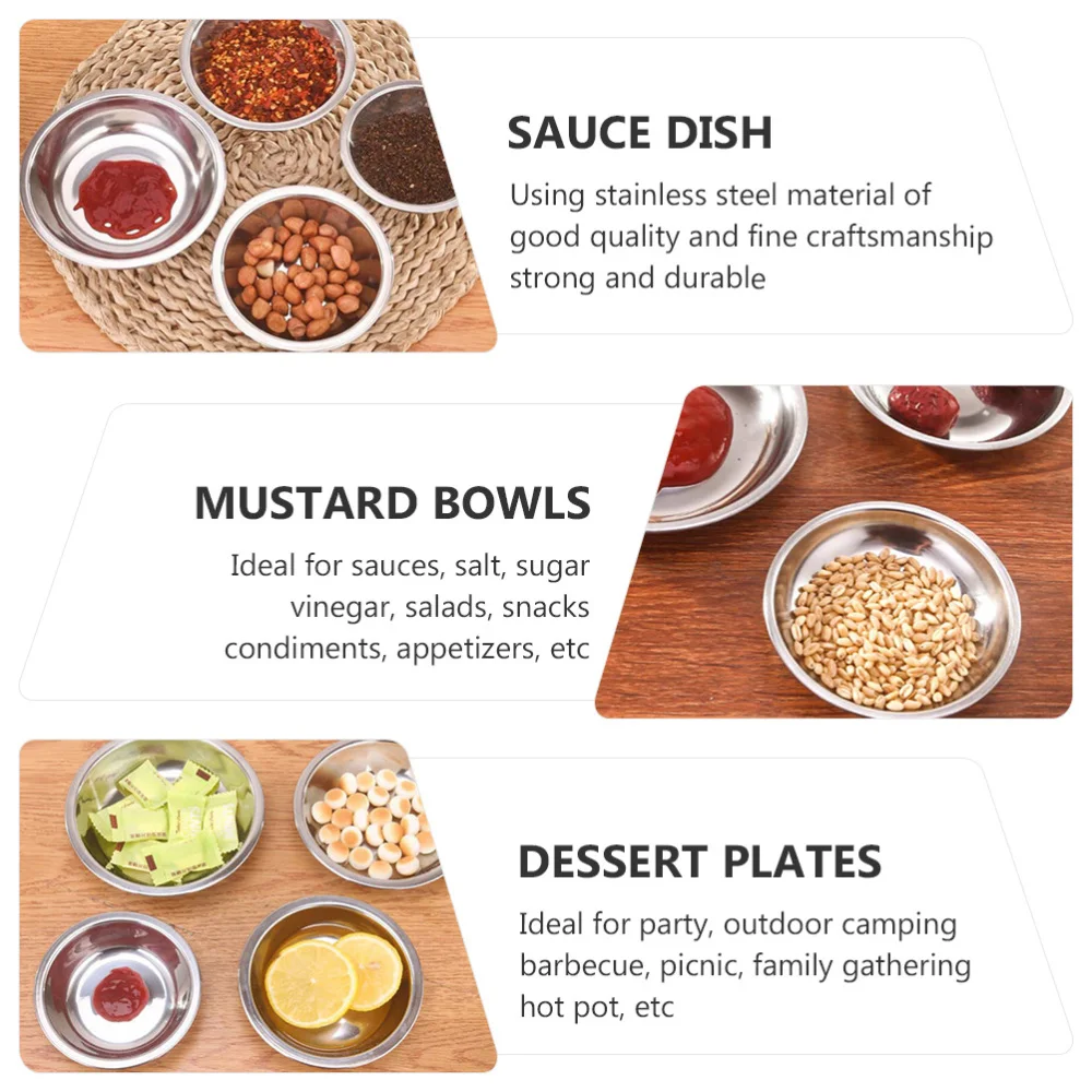 

10Pcs Round Dishes Stainless Steel Sauce Dishes Mustard Appetizer Plates (10cm)