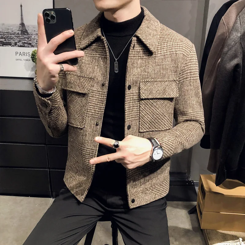 

Men's coat spring and Autumn New Korean fashion casual woolen coat men's short light cooked tweed jacket men's wear