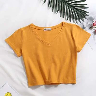 V-Yellow Повседневные однотонные Короткие топы с буквенным принтом, женские модные тонкие футболки с коротким рукавом, летние женские модные простые футболки с графикой, Новинка - Цвет: V-Yellow