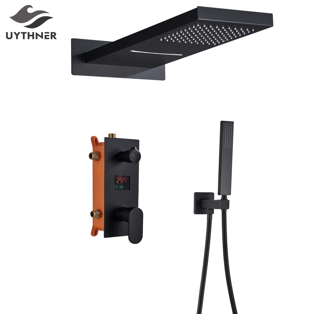 Матовый черный цифровой дисплей смеситель для душа дождь водопад горячей и