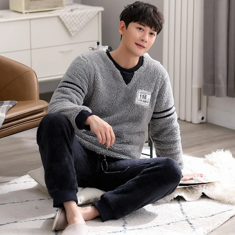 Winter Men's Pajamas Suit Flannel Sleepwear Fashion Letter O-Neck Pyjamas Thick Warm Mens Lounge Wear Korean Homewear Nightwear