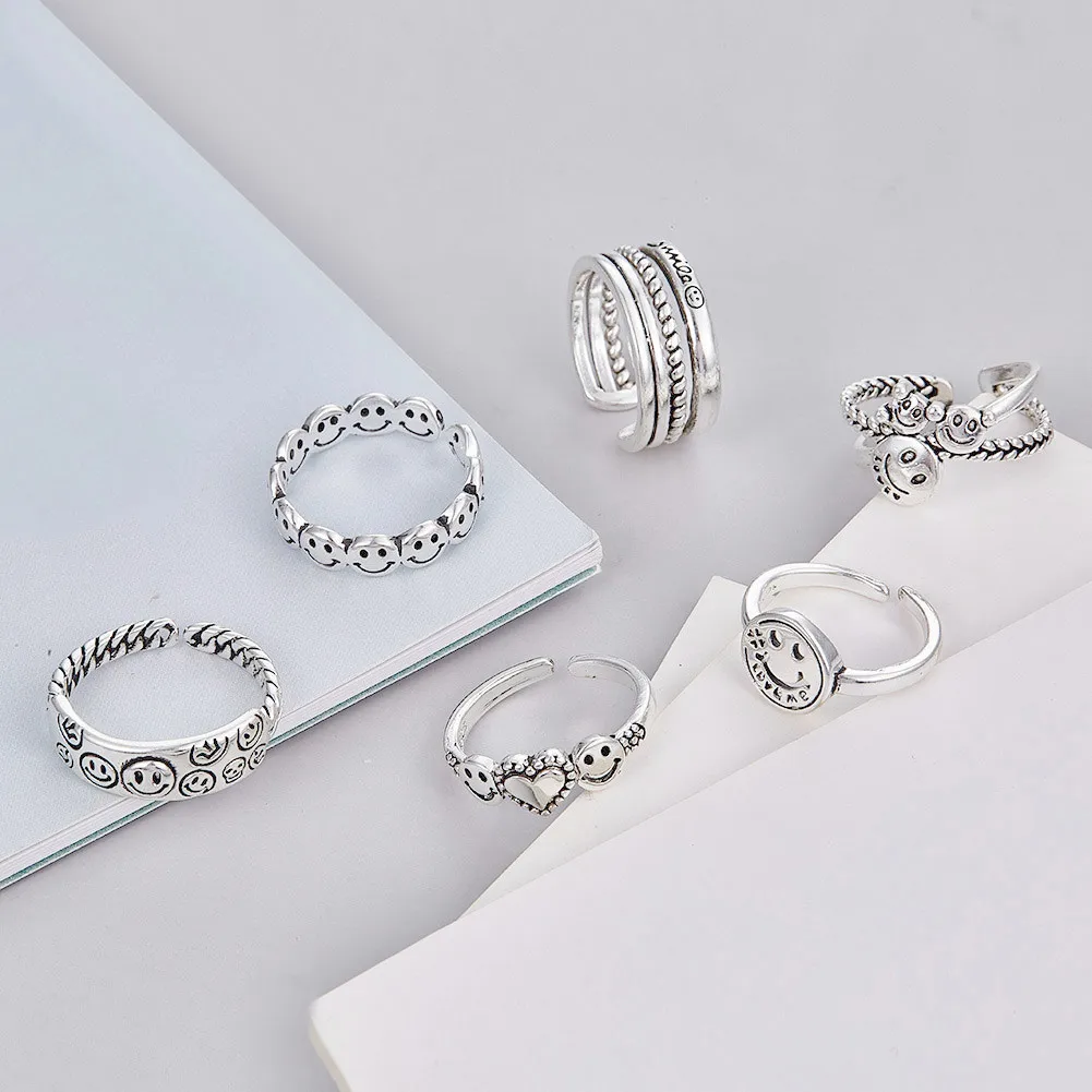 Регулируемое кольцо со смайликом для женщин 6 шт. винтажные открытые серебряные