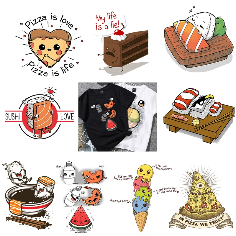 

Food Sushi Pizza Heat Transfers Iron On Patches For Clothing A-level Washable DIY Ice Cream Cake Clothes Stickers Applique