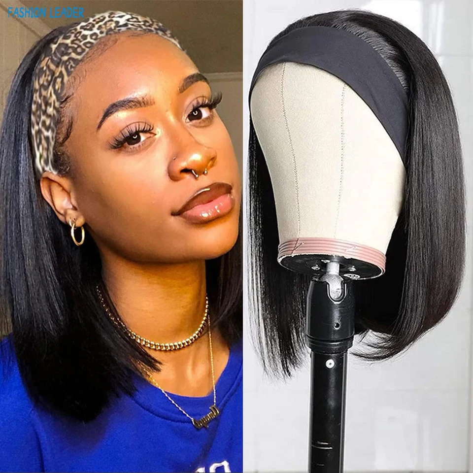 

Headband Wig Short Straight Bob Human Hair Wigs for Black Women Wigs Short Headband Hair With Scarf Glueless Wig Bobo Straight