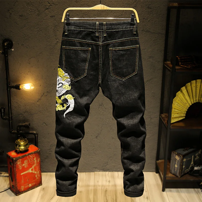 Мужские прямые джинсы в китайском стиле с вышивкой дракона хип хоп черные