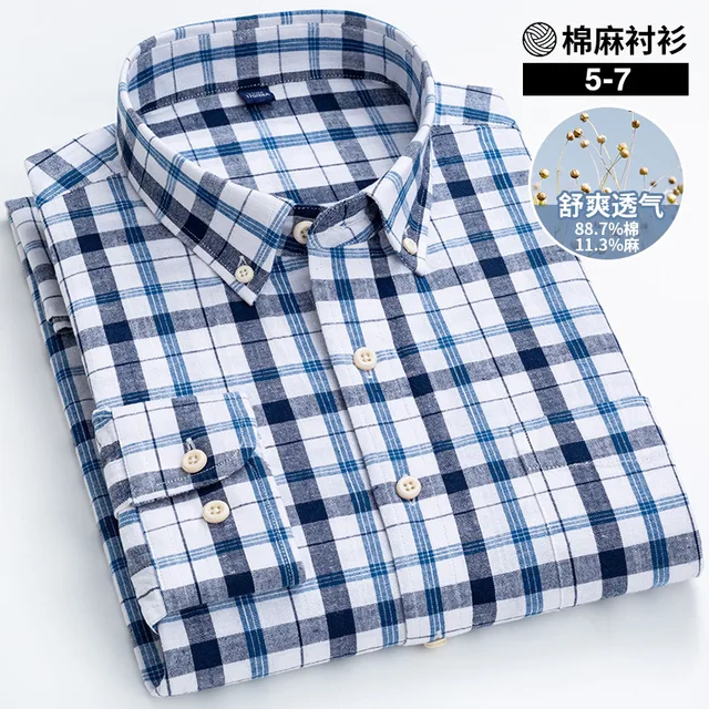 Pure Color Hemp Shirt Striped Plaid Middle-aged Business Slim Fit Shirt Men Longsleeve Shirt for Men Button Down Shirts for Men 5