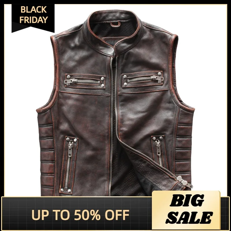 

2021 винтажный Коричневый Мужской мотоциклетный кожаный жилет размера плюс 4XL из натуральной воловьей кожи на весну