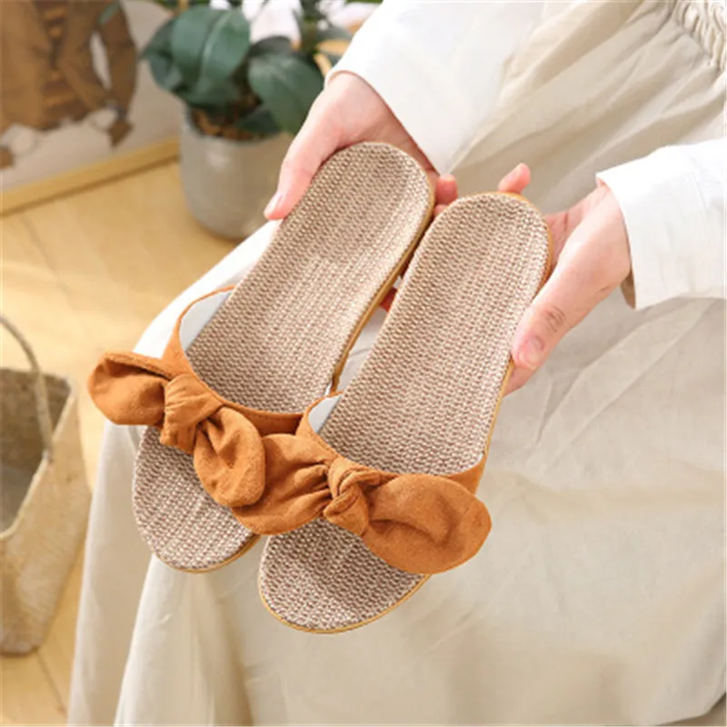 

FAYUEKEY Women Butterfly-knot Slippers Soft Linen Ladies Casual Slides Flat Sandals New Summer Indoor Shoes Non-slip Flip Flops