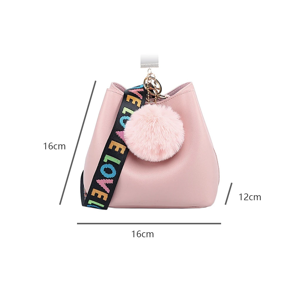 

Women Large Capacity Bucket Crossbody Bag New Style Fashion Mini Wide Strap Shoulder Fur Ball Messager Bag Handbag