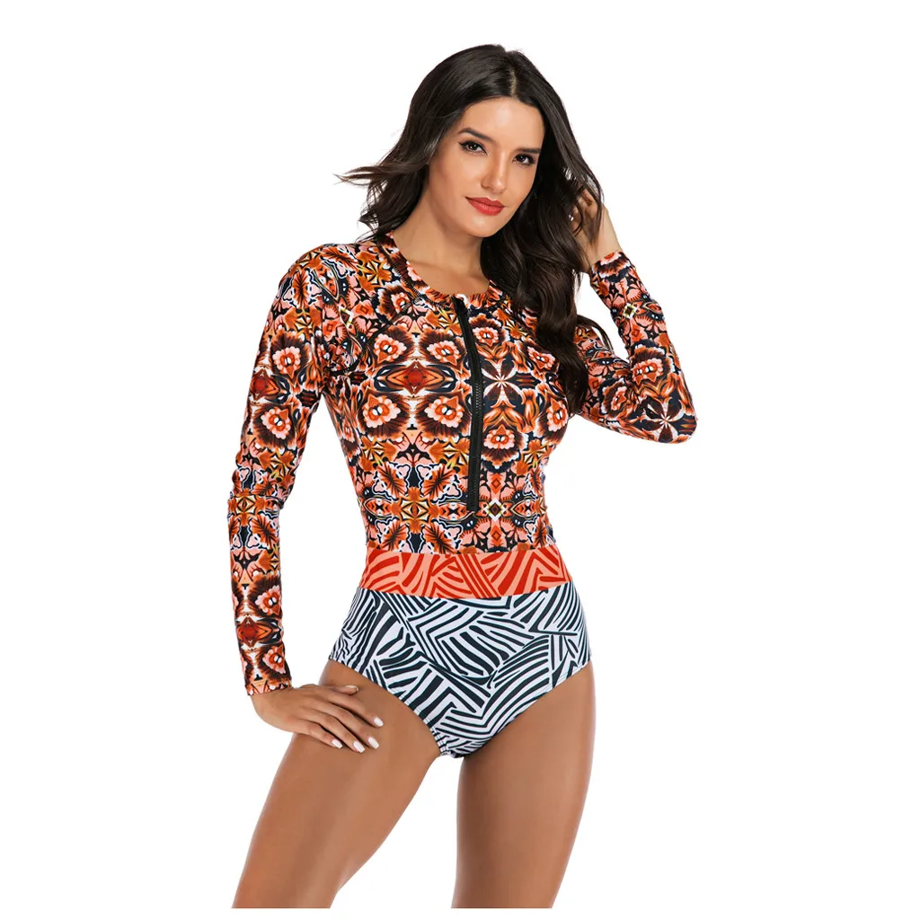 SAGACE длинный рукав для женщин Rashguard Ретро красный принт Купальник Рубашки