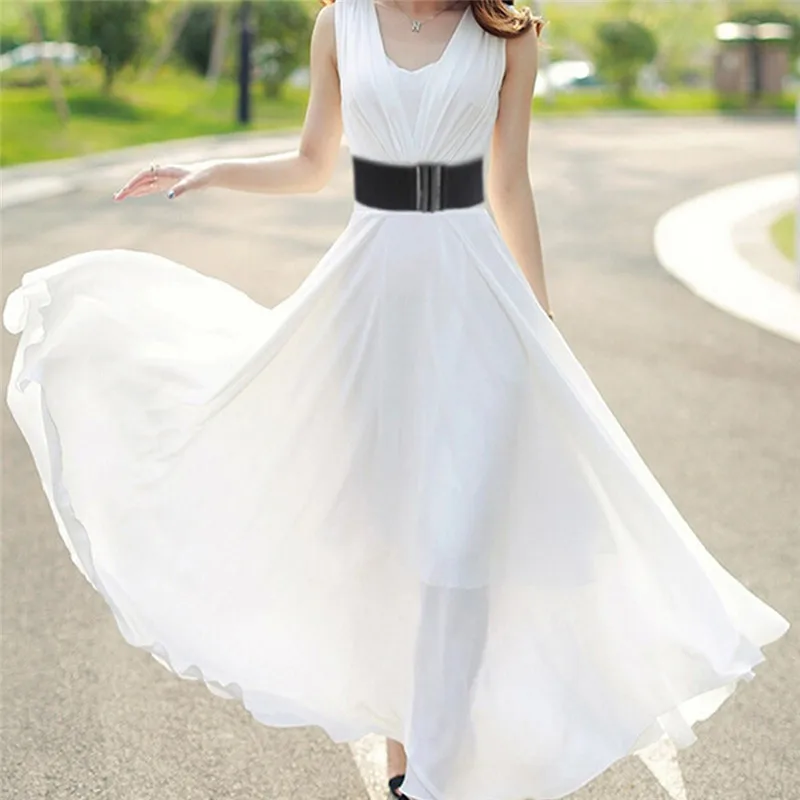 

Black Womens Silver Buckle Wide Stretch Elastic Corset Waist Belts Waistband