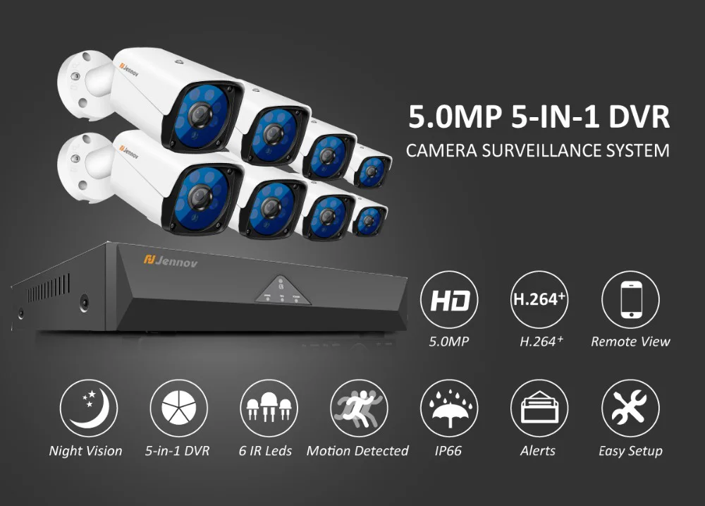 Jennov HD 5MP H.265 видеонаблюдение 8 камера s камера безопасности набор для видеонаблюдения наружная камера безопасности Система AHD камера DVR P2P
