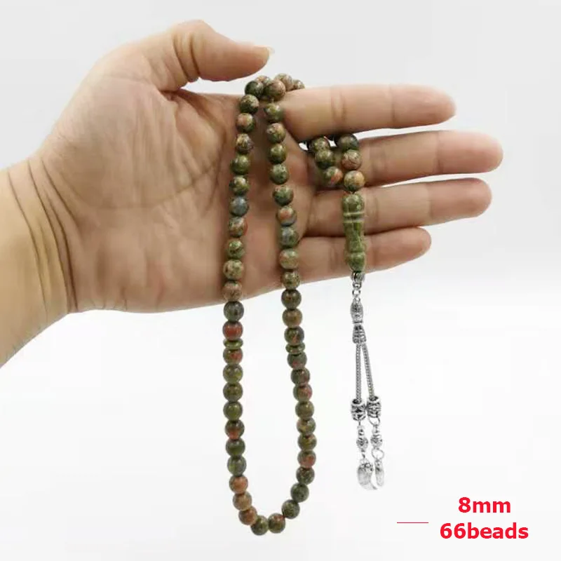 Мужские четки из натурального зеленого нефрита тасбих 66 бусин мусульманские