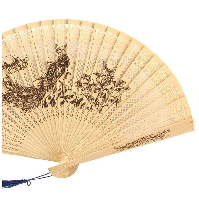 Женский веер с принтом павлина деревянный складной бежевый | Дом и сад