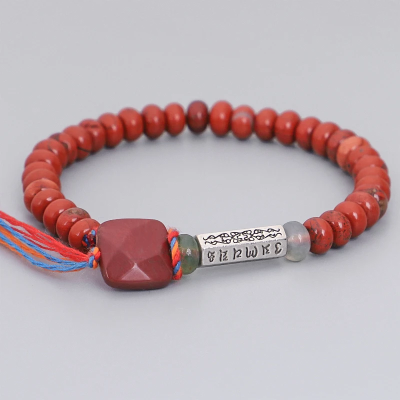 

Natural Red Jasperr Beads Simple Bracelet Women Men Six ture words Charm Tibetan Buddhist Handmade Lucky Knots Bangle