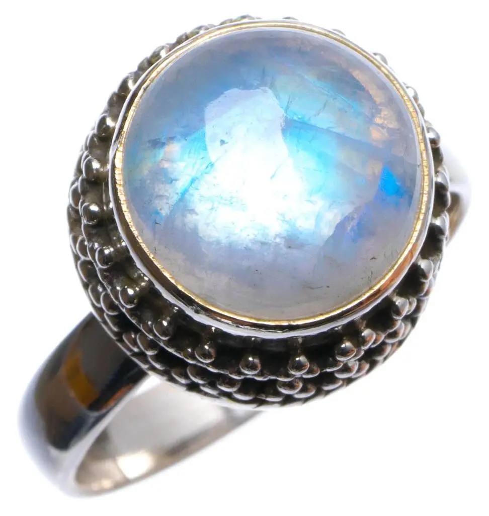 Уникальное серебряное кольцо ручной работы с натуральным радужным лунным камнем