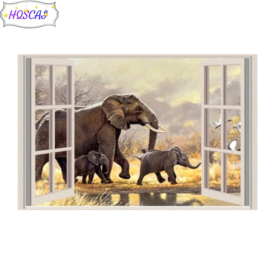 

Алмазная 5D мозаика «сделай сам», картина из круглых страз с изображением слона, окон, животных, для домашнего декора, подарок