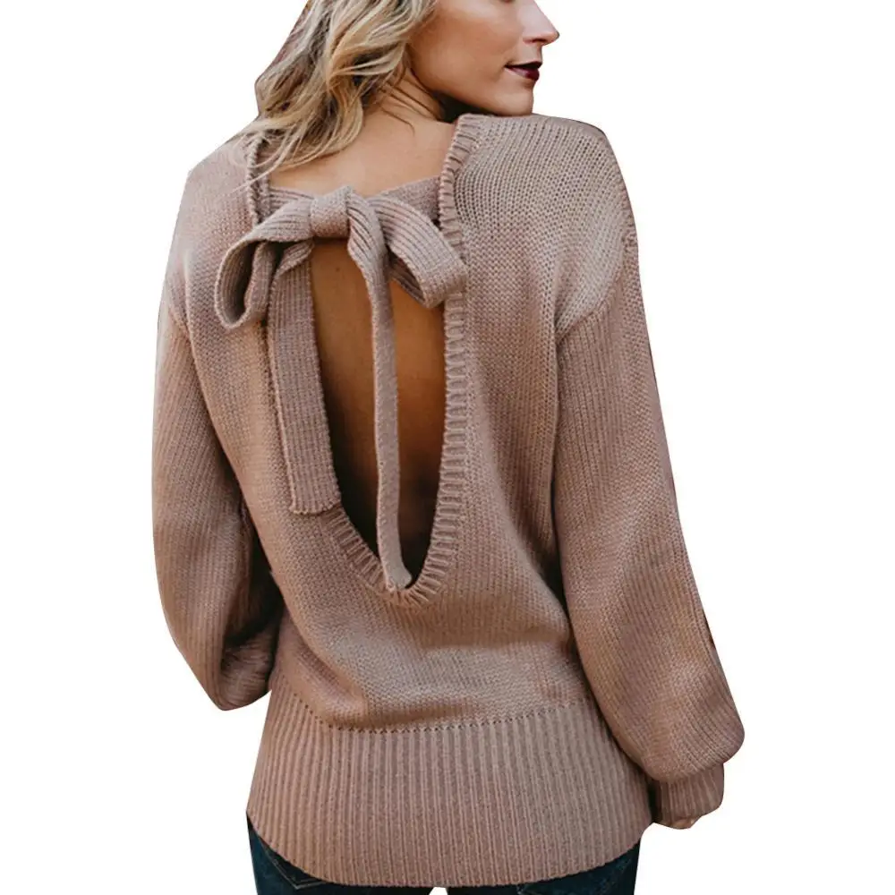 

Women Sweaters Fashion Autumn Solid O Neck Backless Back Bow Tie Knitwear Backless Bow Tie Sweaters свитер с завязками на спине