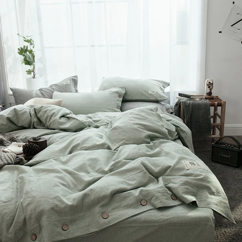 

Simple Bedding Set Household Four-piece Linen Texture Solid Color Striped Buttons Plain Cotton Bed Linen Duvet Cover Bedding