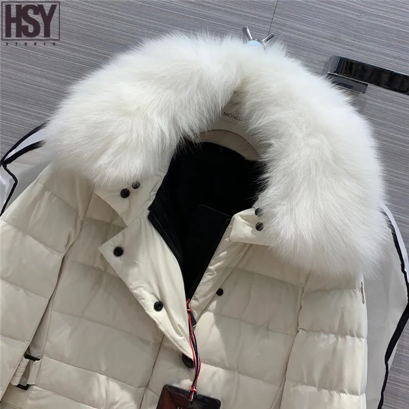 【HSY】 Осень Зима женский пуховик Белый Лисий меховой воротник 90% белый гусиный пух уличная Лыжная Талия пуховик черный/whi