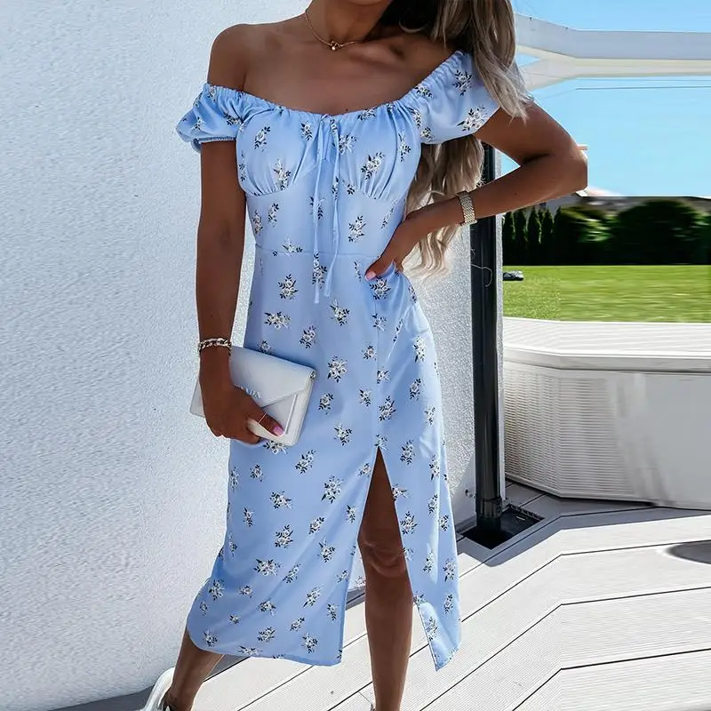 

2021 Fashion Lady Polka Dot Split Party Dress Women Sexy Off Shoulder Beach Long Dress Elegant Vintage Short Sleeve Summer Dress
