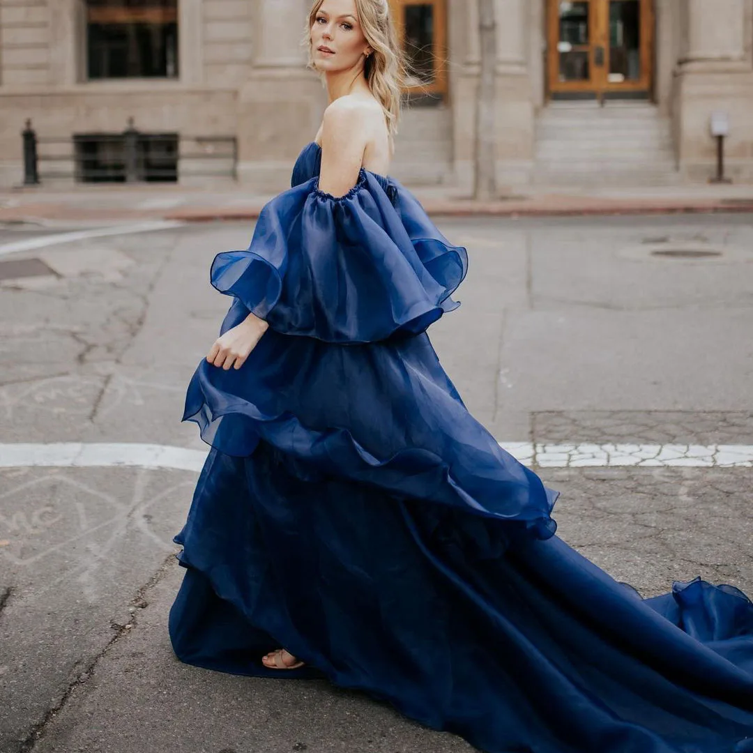 

Lace Up Back Ruffle Sleeve Long Train Modest Back Strapless Sweetheart Layered Ruffle Tulle High Waist Evening Party Gown