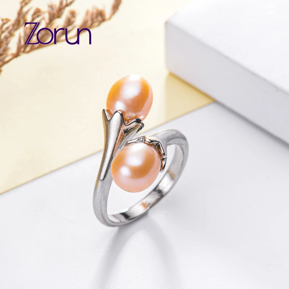 

Zorun Real Natural Freshwater Double Drop Pearl Rings Fine Jewelry Adjustable 6-7mm Silver Color for Women Design
