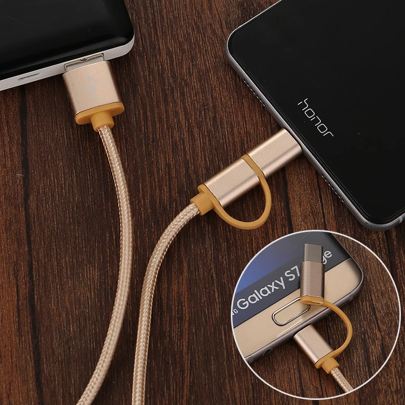 Нейлоновый кабель 2 в 1 USB Type-C для Xiaomi Mi 9 3A Быстрая зарядка USB-кабель Samsung Galaxy S10 S9 Plus