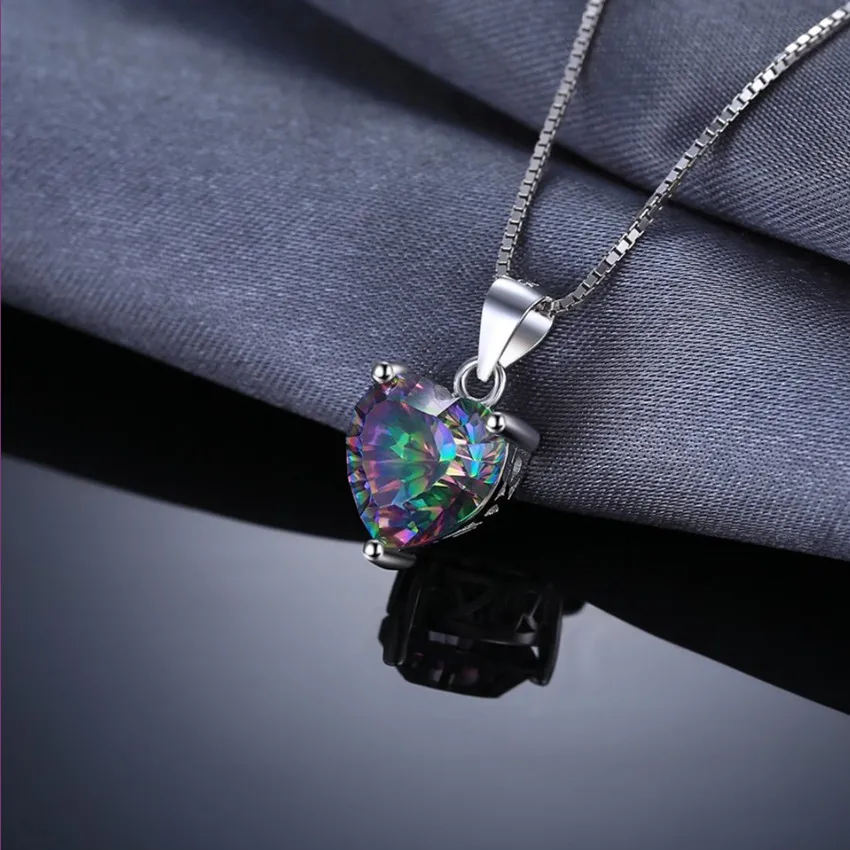 

FYJS Unique Silver Plated Love Heart Coloful Cubic Zirconia Pendant Link Chain Necklace Romantic Style Jewelry