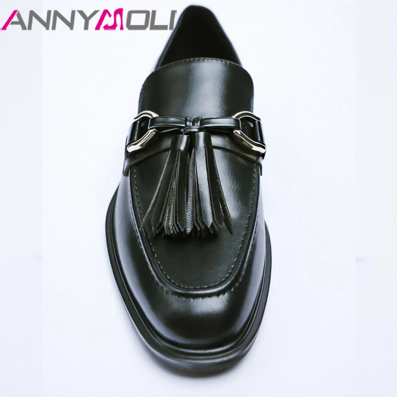 

ANNYMOLI INS ZA Women Loafers Genuine Leather Flat Shoes Metal Decoration Tassel Round Toe Ladies Shoes Spring Autumn Black 43