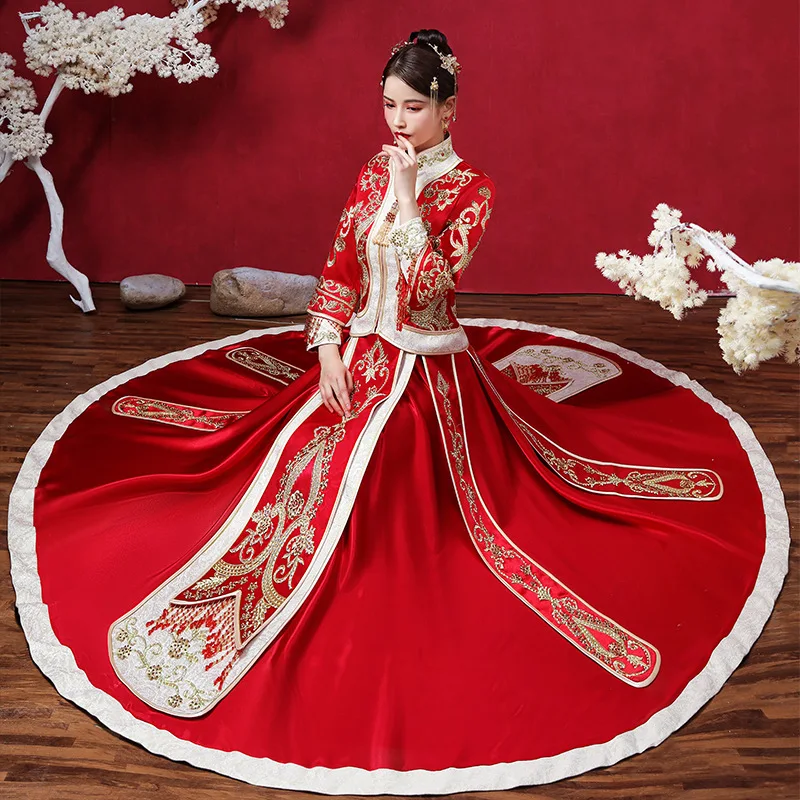 

Rhinestone Chinese Traditional Bride Wedding Dress Female Dragon Gown Slim Cheongsam Couple Evening Gown Size XS-3XL
