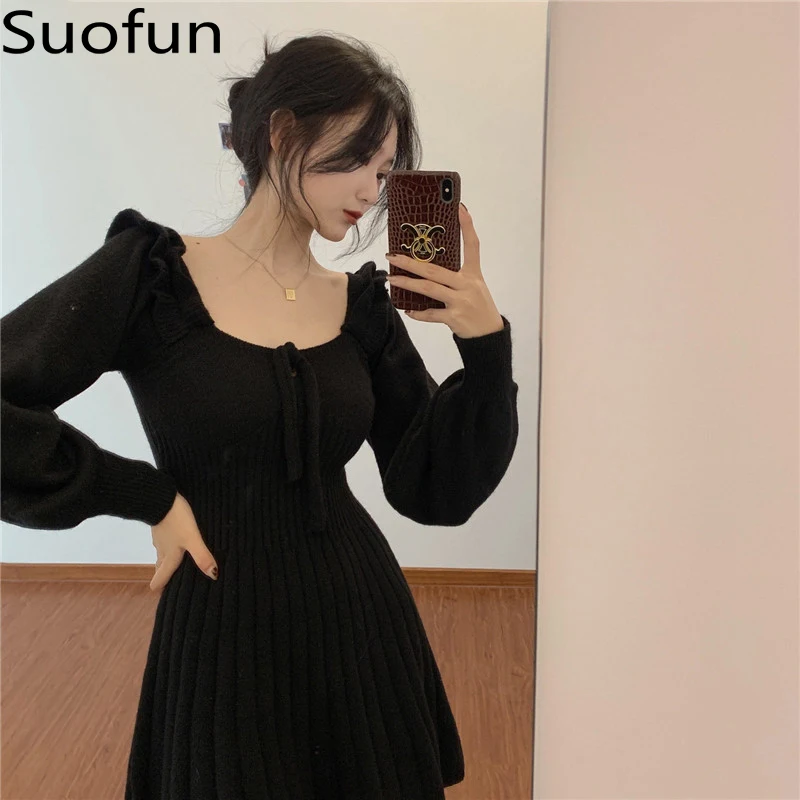 

Suofun Solid Slim French Chic New Spring Fashion Retro Temperament Lady Sexy Lace Up Wasit Square Neck Knit Mini Sweaters Dress