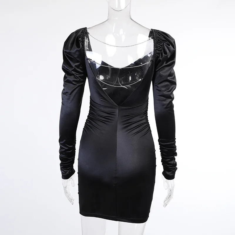 

Spring 2021 Satin Sexy Mini Dresses Women Slim Square Collar Long Sleeve Backless Bodycon Dress Party Elegant Club