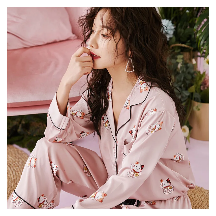 

Creation 101 spring and summer women's pajamas, long-sleeved trousers, two-piece thin section of silk home wear